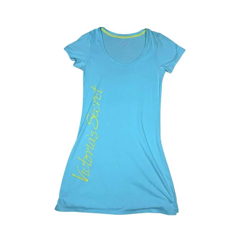 Victoria's Secret y2k Logo Neon Blue Green Yellow Sleep Shirt Nightgown Medium